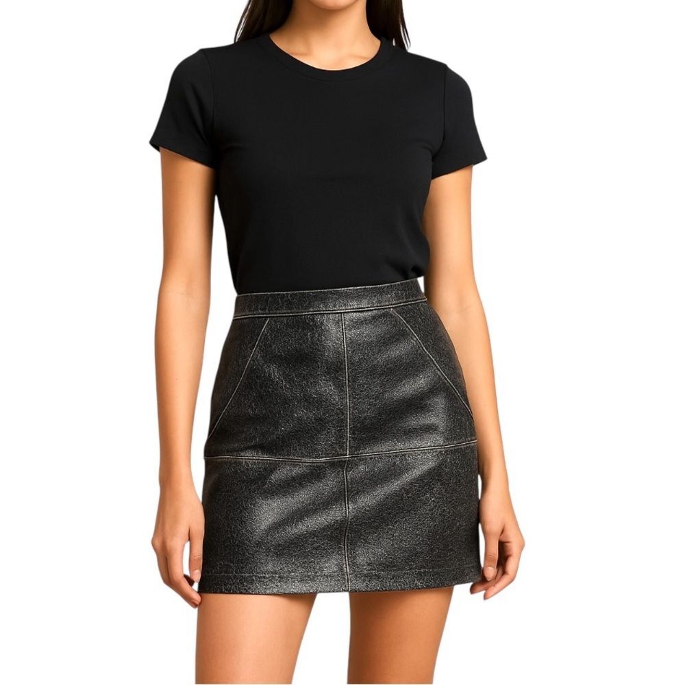 Sandro Paris Black Cracked Leather Calfskin Mini Skirt Size S